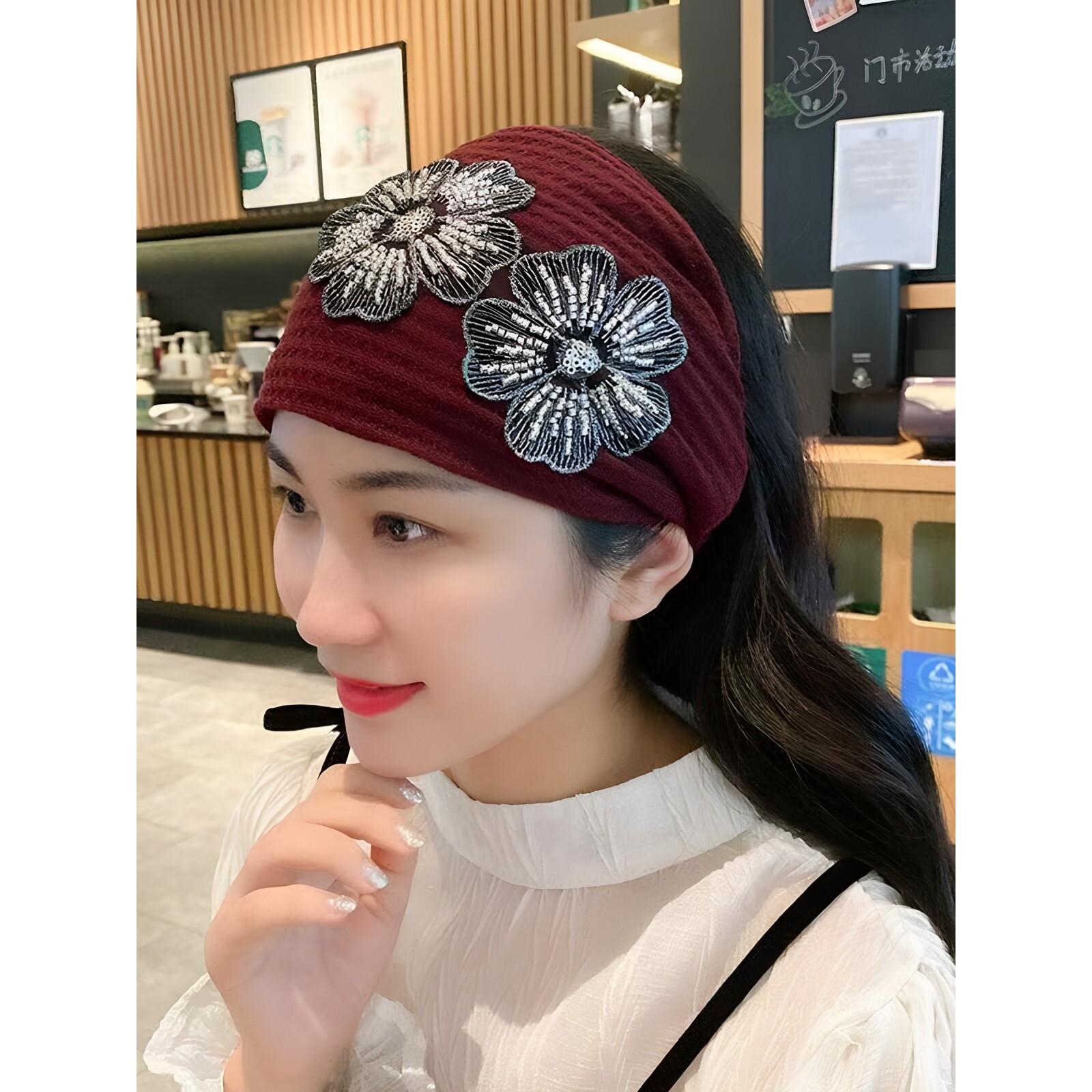 秋冬时尚宽边针织绣片发带女抖音网红同款保暖外出遮白发包头发饰