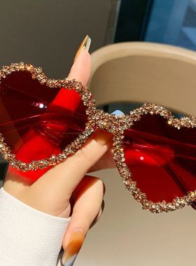 爱心桃心无边框镶碎钻时尚太阳镜派对聚会个性搞怪高级糖果色墨镜