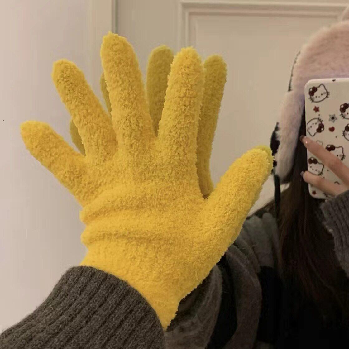 多巴胺毛绒手套女冬季保暖珊瑚绒糖果色五指手套防寒学生可爱手套