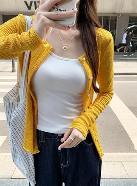 甜辣妹黄色圆领针织开衫女早秋薄款木耳边设计感气质外套绝美上衣
