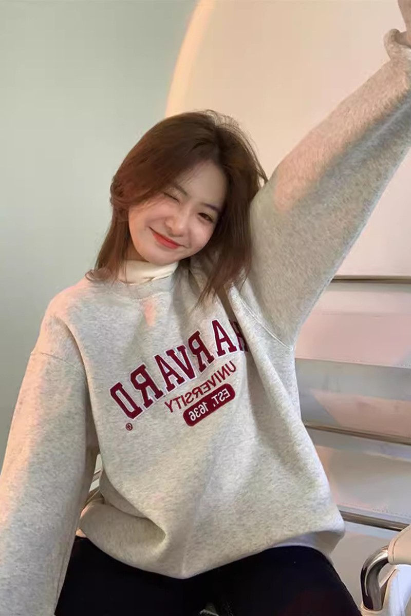 灰色无帽圆领加绒卫衣女宽松中长款秋冬韩版加厚bf慵懒风长袖上衣