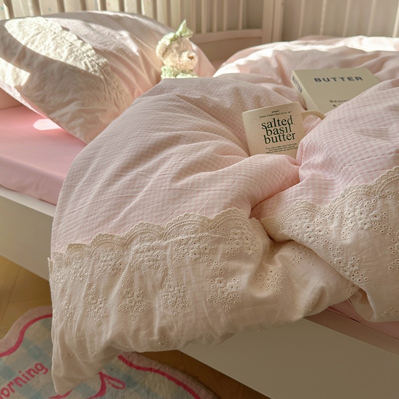 韩式少女心粉色格子四件套公主蕾丝花边水洗棉被套床单床上三件套