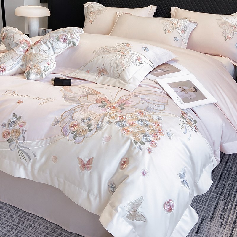 母婴级A类200支高密纯棉全棉四件套高级蝴蝶刺绣被套床单床上用品