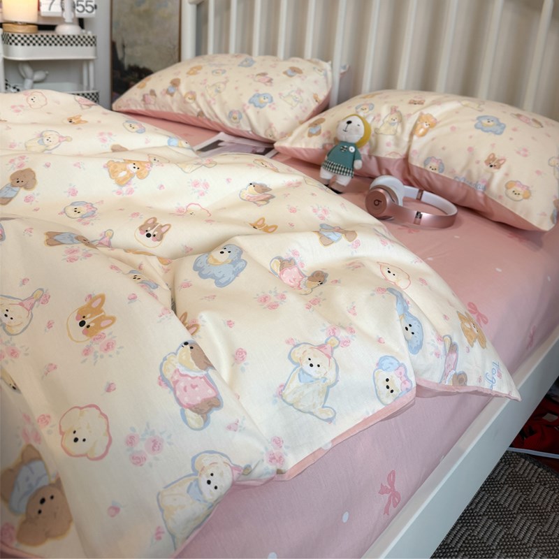 ins全棉卡通风儿童可爱狗狗家族床上四件套纯棉1.8被套床单三件套