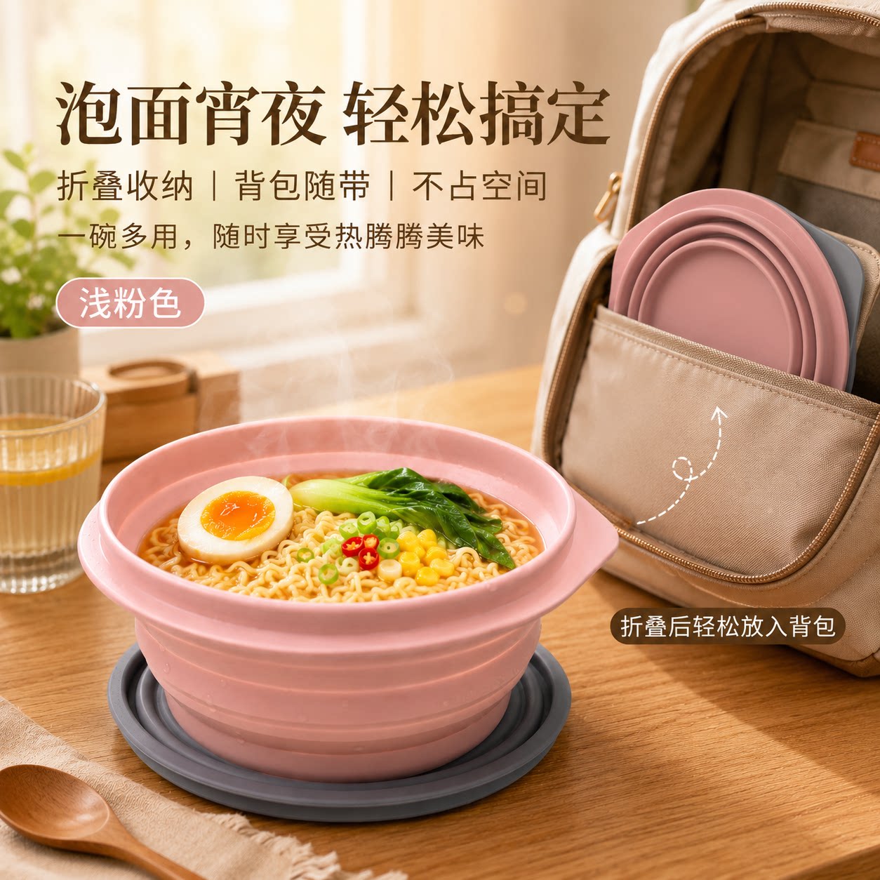 折叠碗带盖折叠餐具收纳泡面碗食品级硅胶折户外出餐具背包携带
