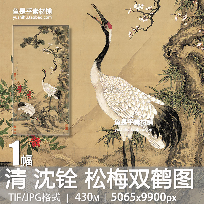 清 沈铨 松梅双鹤图古代仙鹤工笔国画艺术参考高清电子版素材图片