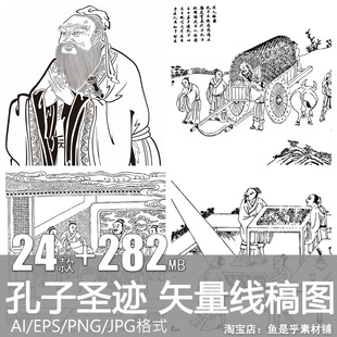 孔子圣迹图孔夫子儒家历史人物国学白描线稿矢量素材PNG免抠图片