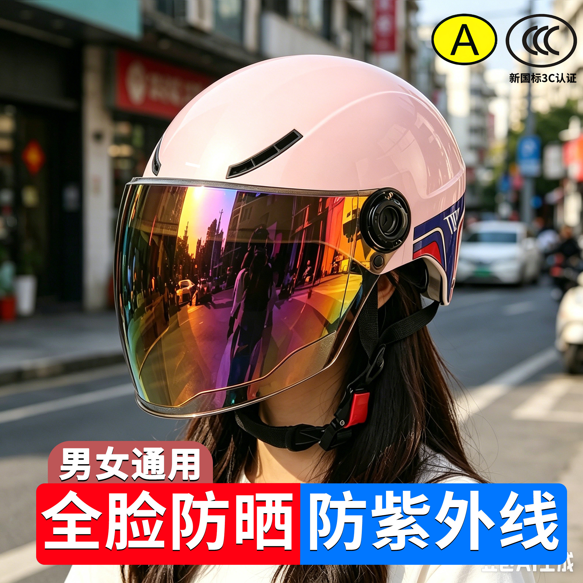 3C认证电动摩托车头盔女夏季防晒紫外线电瓶半盔夏天安全帽半盔男