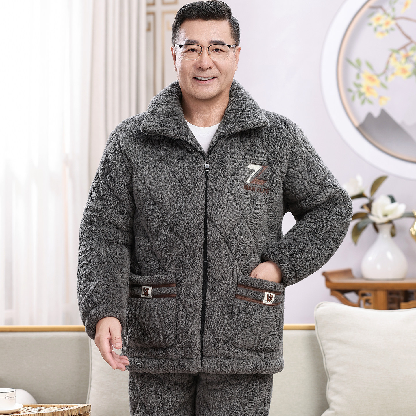 中老年男士睡衣冬季三层珊瑚绒夹棉袄加厚加绒保暖爸爸服套装冬款,女士内衣/男士内衣/家居服,睡衣/家居服套装,淘宝优惠券,粉丝福利购,淘宝优惠卷