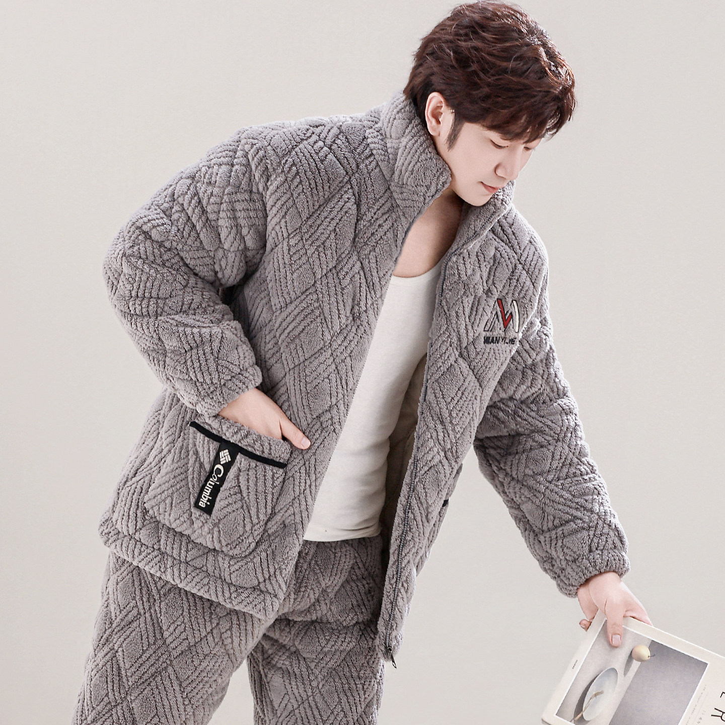 睡衣男士冬季三层加厚夹棉珊瑚绒加绒冬款天保暖可外穿家居服套装