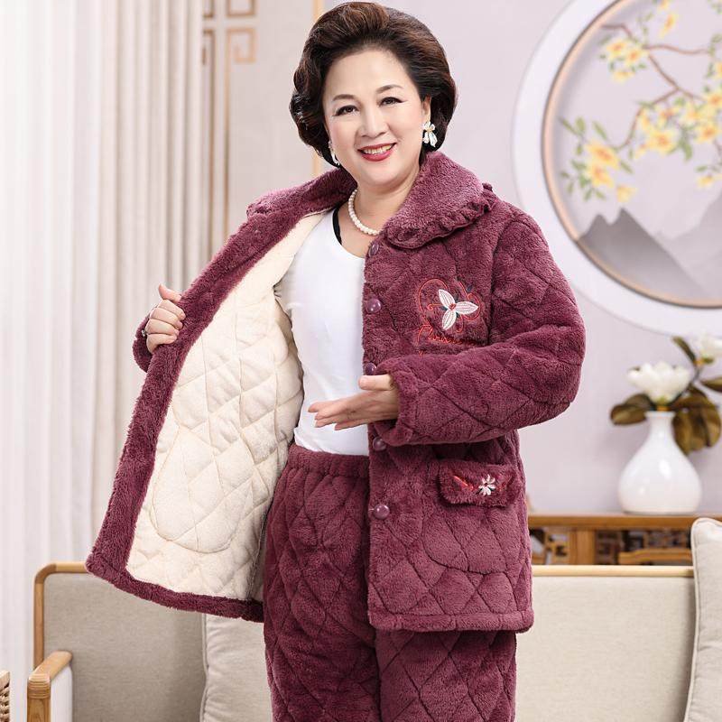 冬季睡衣女三层加厚加绒珊瑚绒夹棉袄妈妈中老年人保暖家居服套装