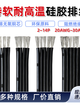 黑色硅胶排线2/3/4/5/6/8/10/12P多芯线缆耐高温特软硅橡胶双并线