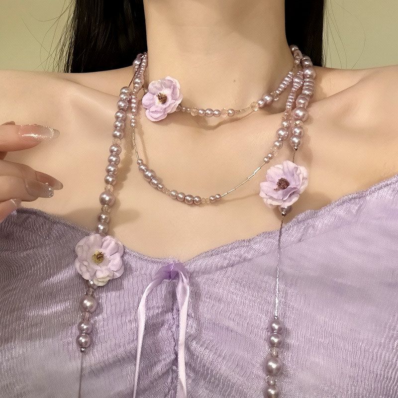 布艺法式串珠优雅时尚轻奢项饰花朵珍珠项链毛衣链高级感百搭气质