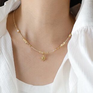 小众珍珠项链百搭项饰链精致吊坠淡水贝母钢星芒夏日锁骨女轻奢钛