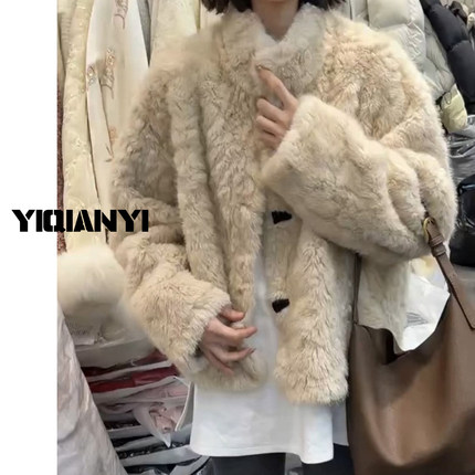 现货5折清 韩系宽松仿水貂毛短外套女百搭保暖环保皮草皮毛一体
