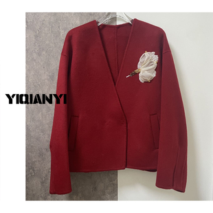 实体店同款2025新款高端短款V领双面绵羊毛宽松显瘦设计师款外套