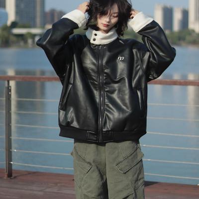 牧游昏昏美式复古PU皮立领皮棉衣男宽松羊羔毛保暖机车棉服外套潮