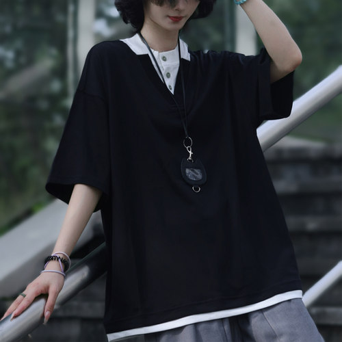 美式休闲假两件V领POLO衫男夏季