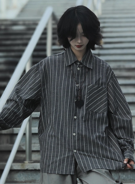 牧游昏昏日系复古肌理条纹基础宽松长袖衬衫外套情侣
