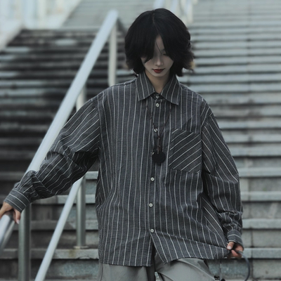 牧游昏昏日系复古肌理条纹基础宽松长袖衬衫外套情侣