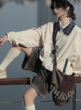 牧游昏昏日系复古撞色拼接格子夹克外套男宽松休闲纯棉拉链衬衫潮