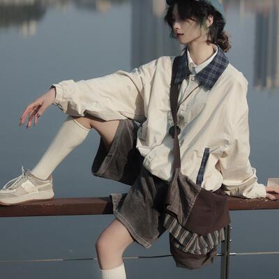 牧游昏昏日系复古撞色拼接格子夹克外套男宽松休闲纯棉拉链衬衫潮