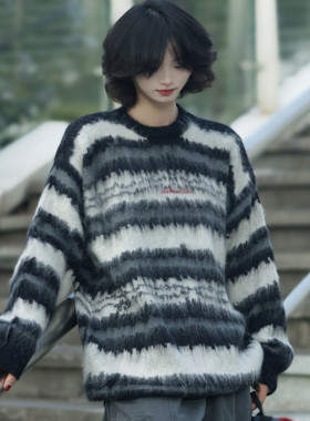 牧游昏昏美式加厚条纹刺绣海马毛秋冬套头宽松毛衣男女