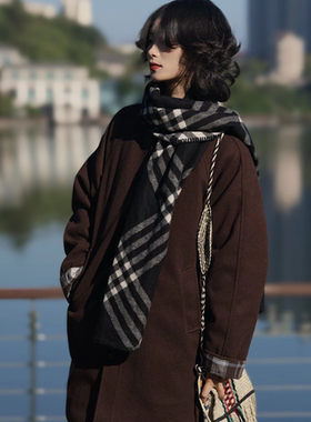 牧游昏昏日系复古毛呢拼接加厚中长款大衣冬季宽松棉服外套男女