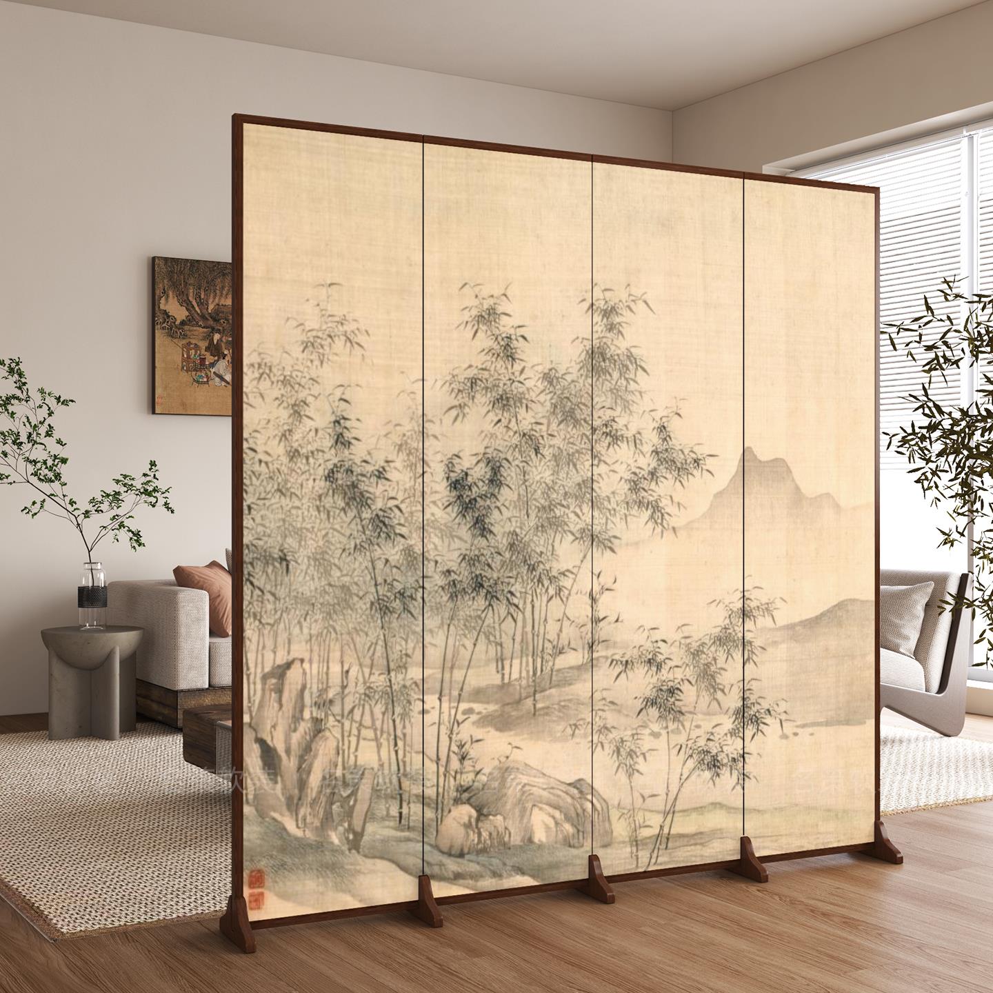 中古竹子屏风隔断客厅沙发背景墙2025新款入户折叠移动茶室折屏