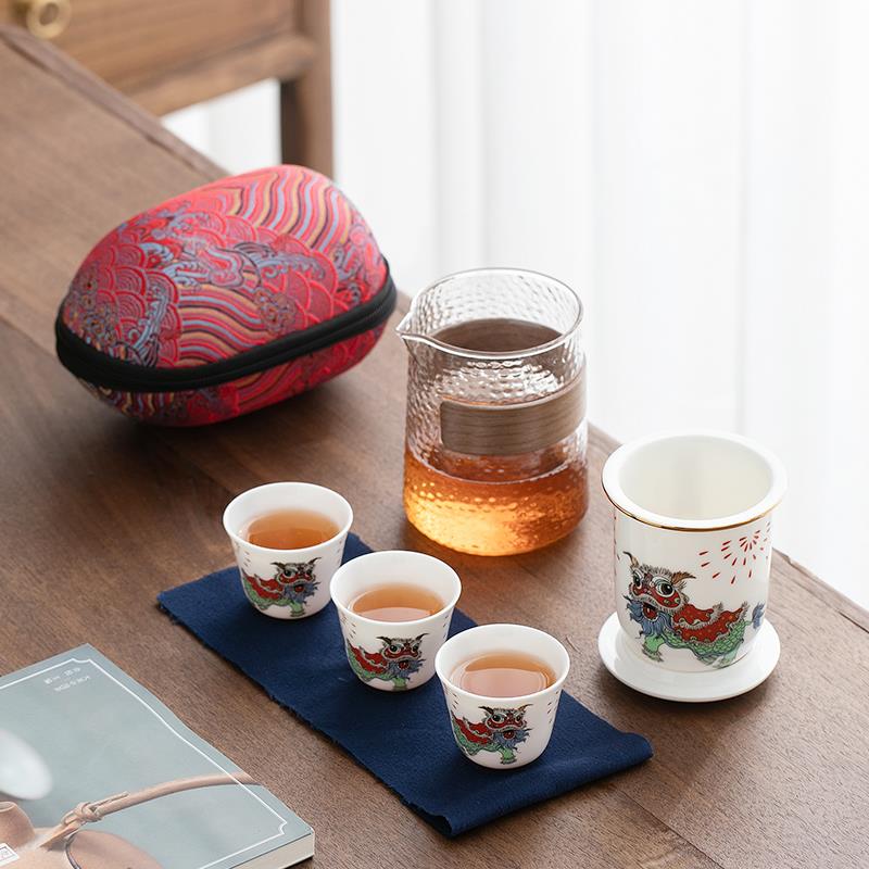 户外便携旅行茶具套装随身玻璃快客杯茶壶茶杯陶瓷一壶三杯收纳包
