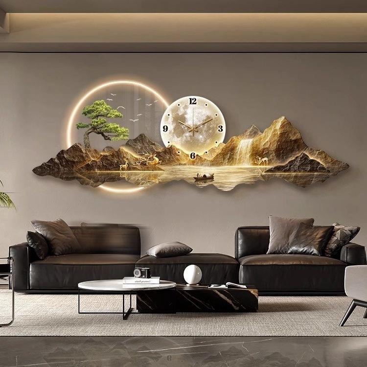 带钟表挂墙客厅装饰画简约沙发背景墙挂画壁灯画轻奢日照金山