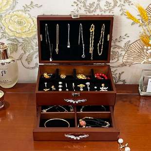 收纳首饰盒欧式 木质饰品盒公主耳钉盒耳环收纳盒带锁珠宝盒