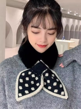 黑色围巾女冬韩版百搭护颈围脖仿獭兔毛毛绒领2025新款交叉可爱