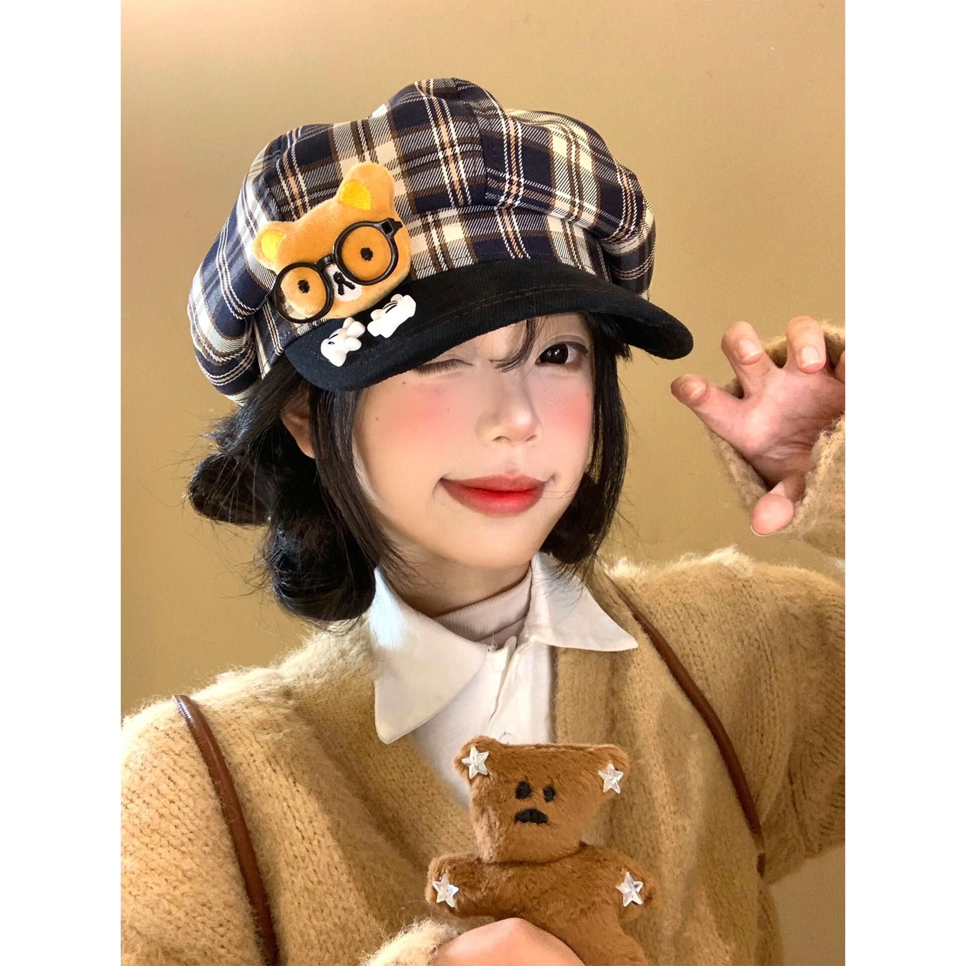 可爱眼镜小熊格纹贝雷帽女秋季甜美显脸小八角帽大头围时尚画家帽