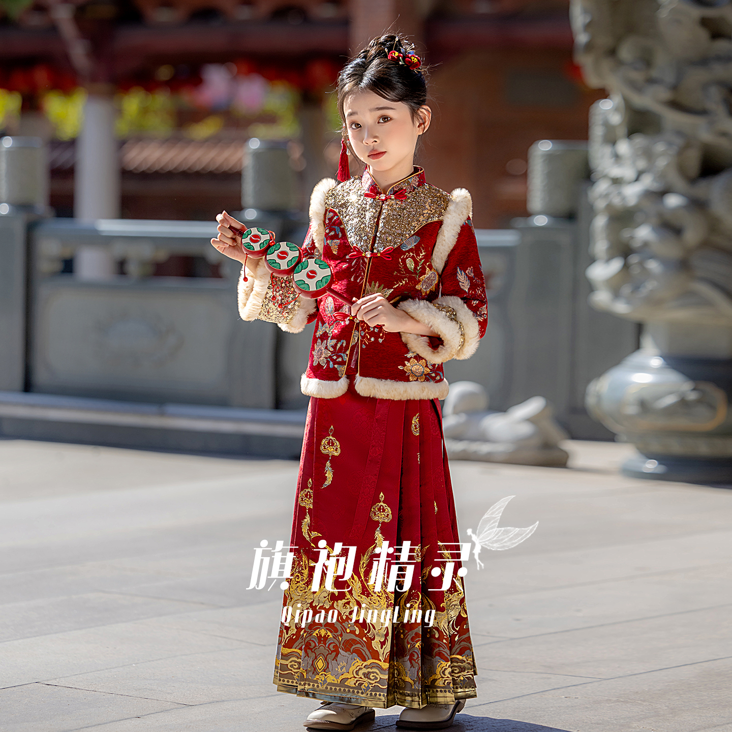 女童汉服冬拜年服红色喜庆唐装