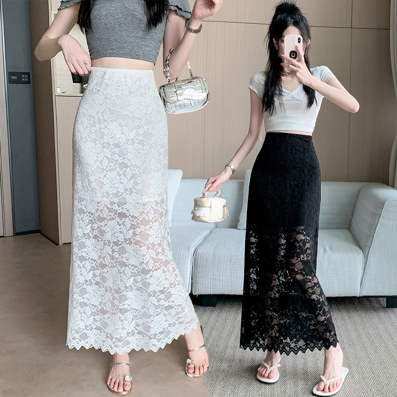 白色蕾丝网纱半身裙女夏季2026新款气质高腰显瘦垂感a字包臀长裙