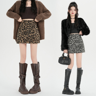 豹纹包臀短裙女秋冬季小个子高腰显瘦休闲百搭a字辣妹半身裙