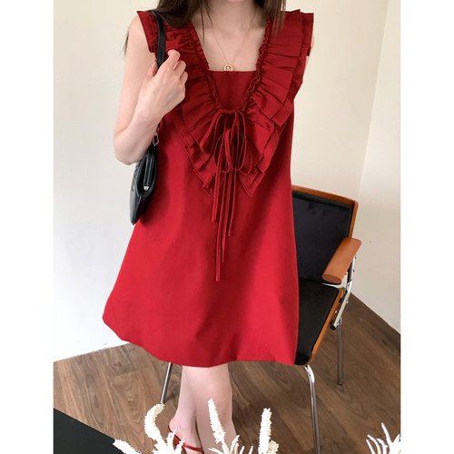 韩系荷叶边v领红色无袖连衣裙子女夏季明媚感度假风漂亮出片短裙