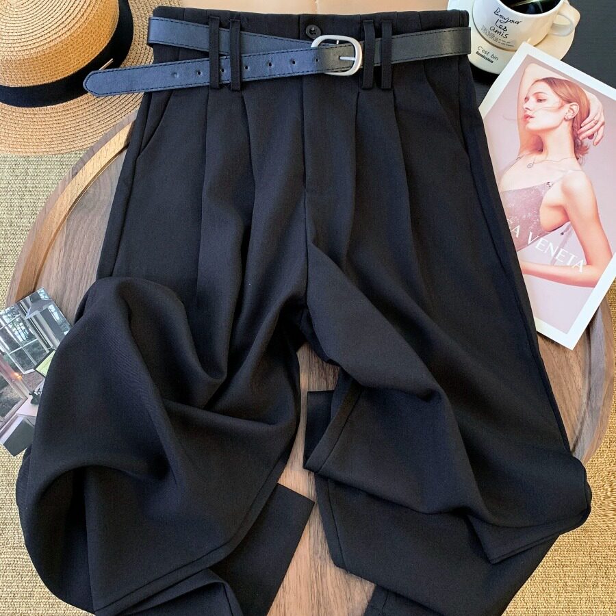 高腰压褶西装阔腿裤女秋季垂感直筒西裤 配腰带宽松显瘦拖地长裤