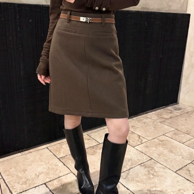 高级感毛呢中裙半身裙女秋冬高腰开叉直筒裙子半身裙配腰带