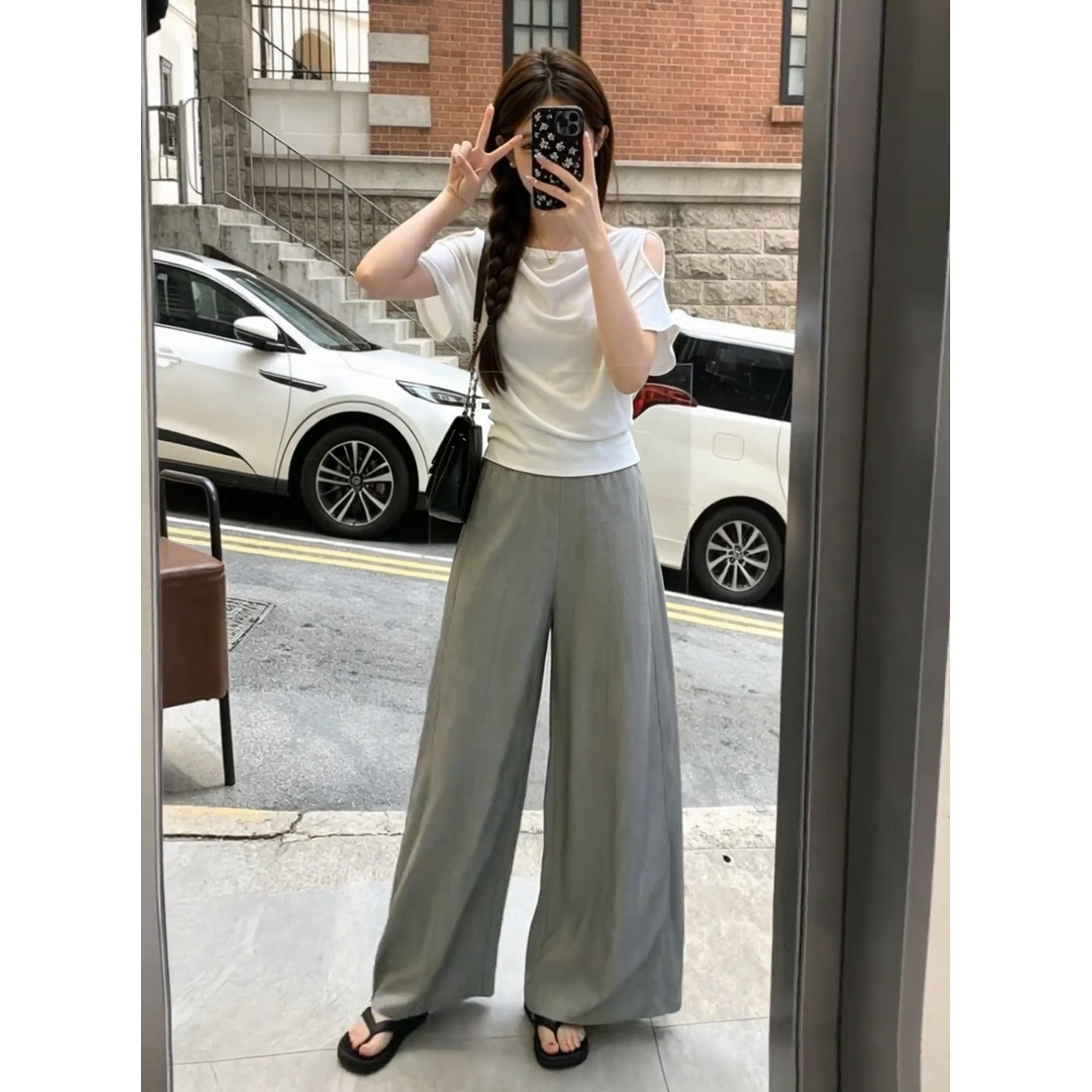 巨好看韩系穿搭一整套2026新款白色露肩短袖t恤女夏季阔腿裤套装
