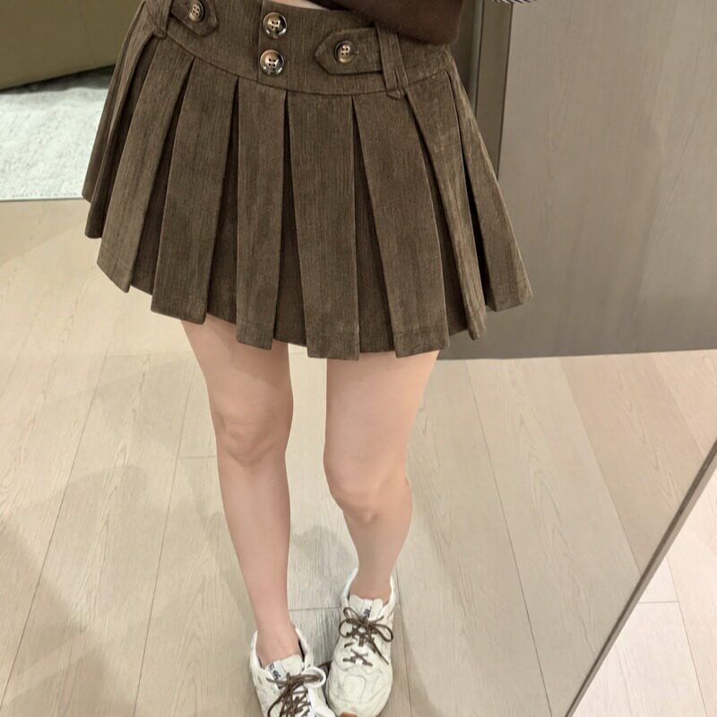 秋冬新款复古呢子百褶半身裙防走光裙裤多纽扣设计减龄短裙