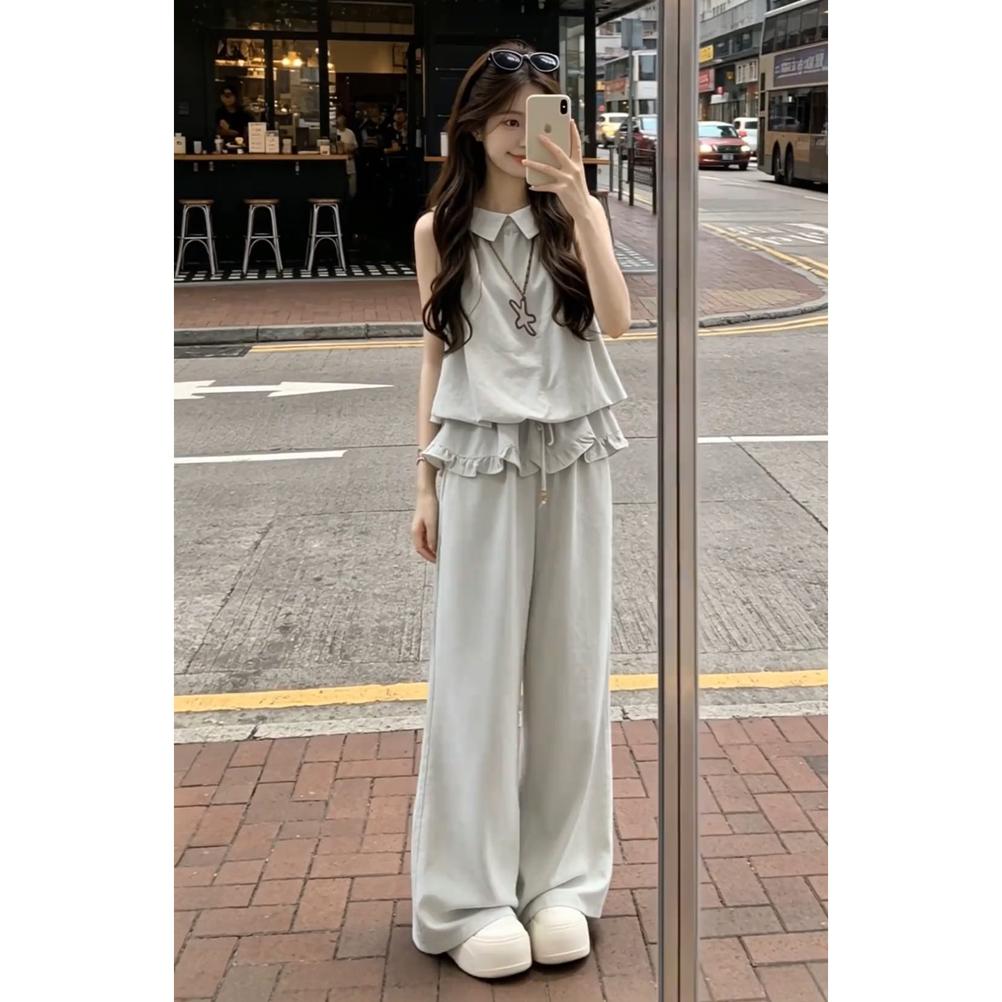 巨好看韩系ootd穿搭一整套2026新款无袖上衣女夏季阔脚裤两件套装