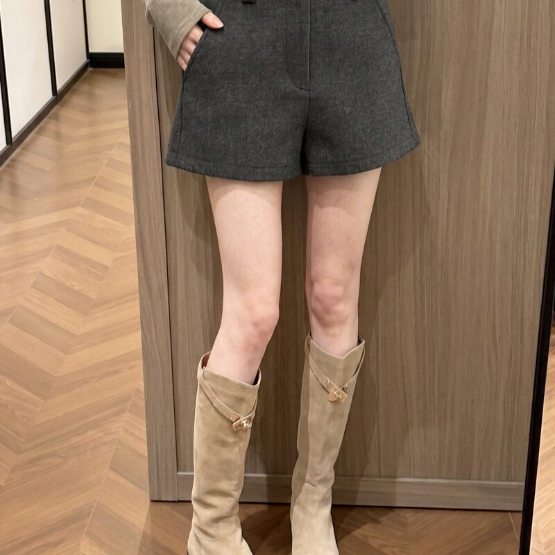 冬季新款毛呢呢子短裤女高腰韩版网红a字阔腿裤配腰带