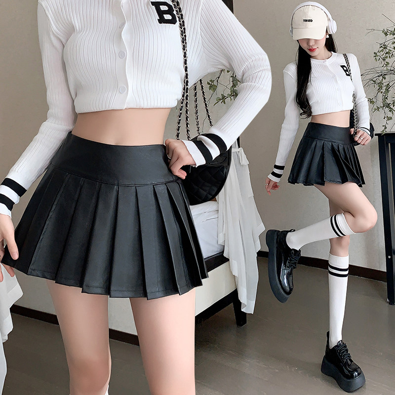 高腰开叉PU皮百褶裙女性感辣妹防走光超短裙A字半身裙