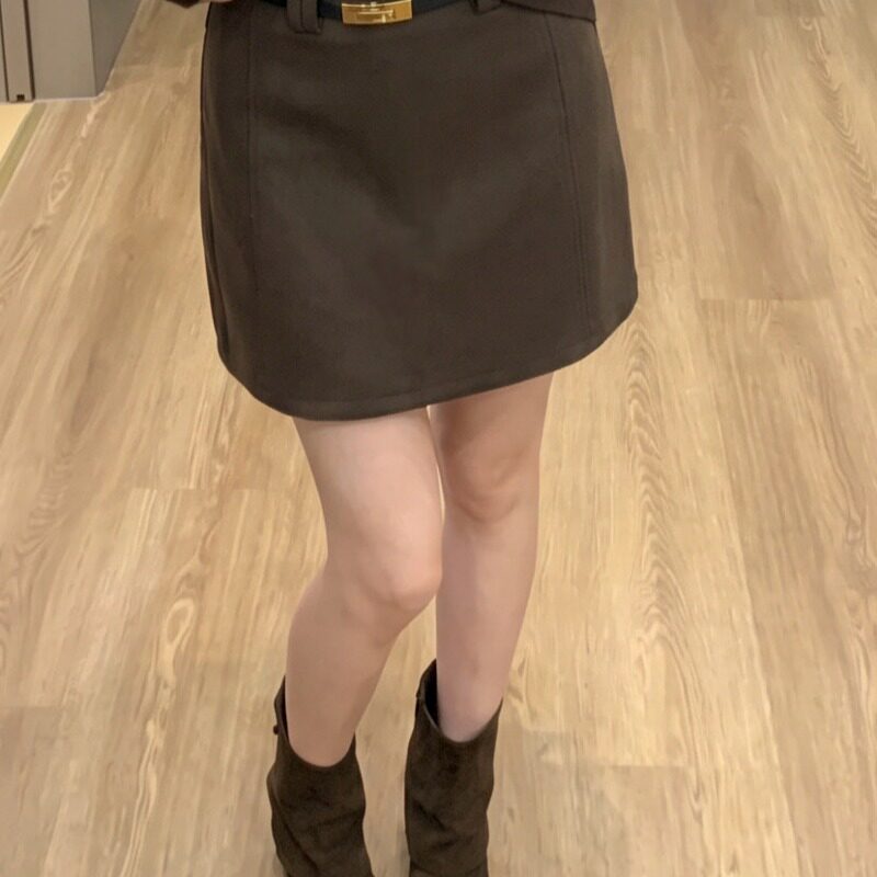 高腰毛呢A字半身裙女秋季简约显瘦韩版短裙配腰带包臀裙