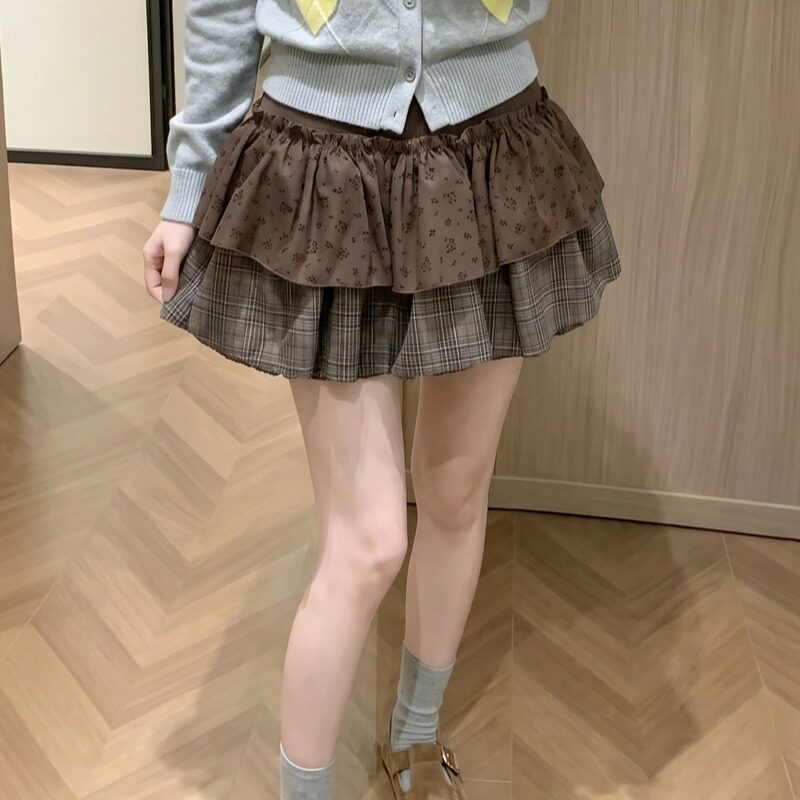 秋冬新款高腰格子拼接蛋糕裙蓬蓬A字短裙女