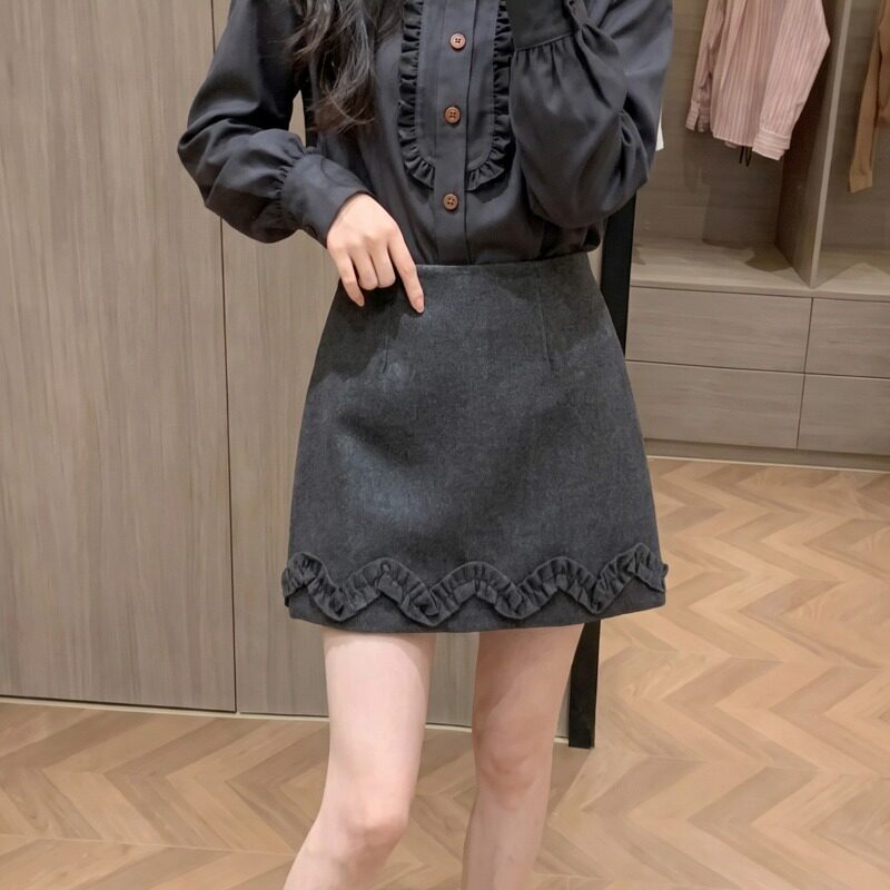 秋冬呢子半身裙简约纯色韩版花边包臀短裙女防走光内衬