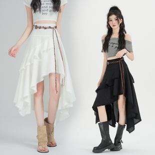 2026春夏新款欧若风高腰不规则荷叶边半身裙女度假蛋糕长裙