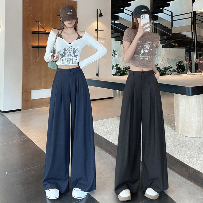 深蓝色牛仔棉阔腿裤女春秋新款2026年高腰垂感显瘦直筒时尚拖地裤